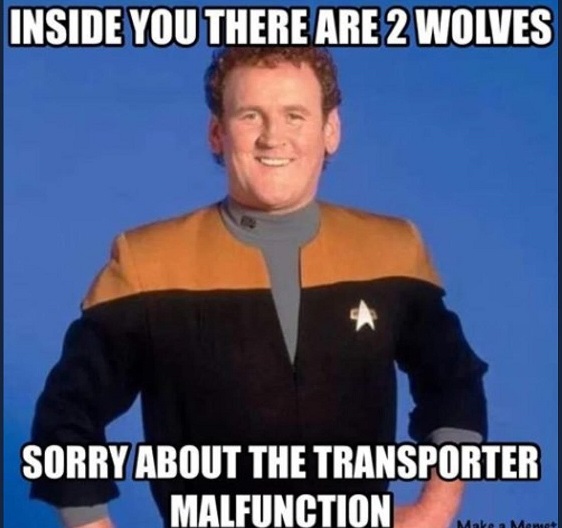 Photo of Miles O'Brien from Star Trek Next Next Generation, with Caption: "Inside you there are two wolves. Sorry about the transporter malfunction."